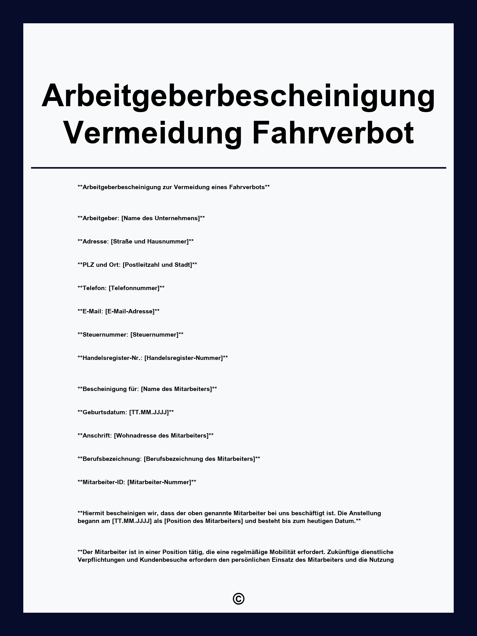 Arbeitgeberbescheinigung Vermeidung Fahrverbot Muster