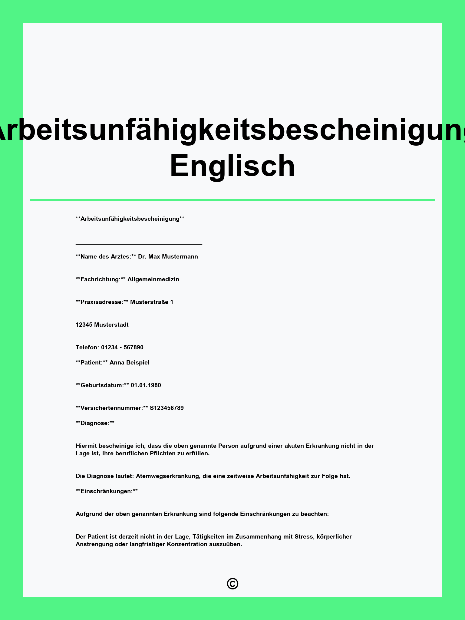 Arbeitsunfähigkeitsbescheinigung Englisch Vorlage