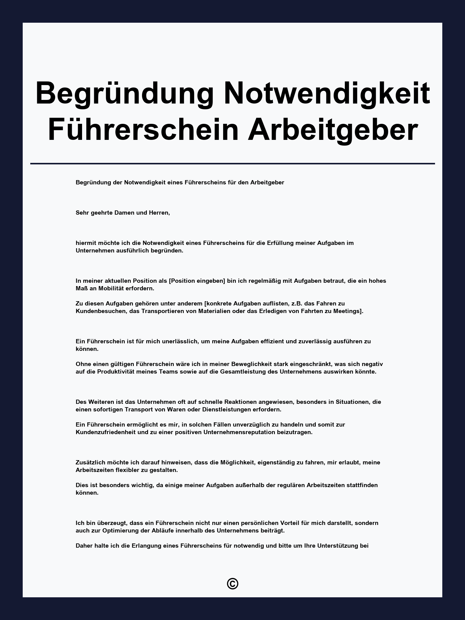 Begründung Notwendigkeit Führerschein Arbeitgeber Muster