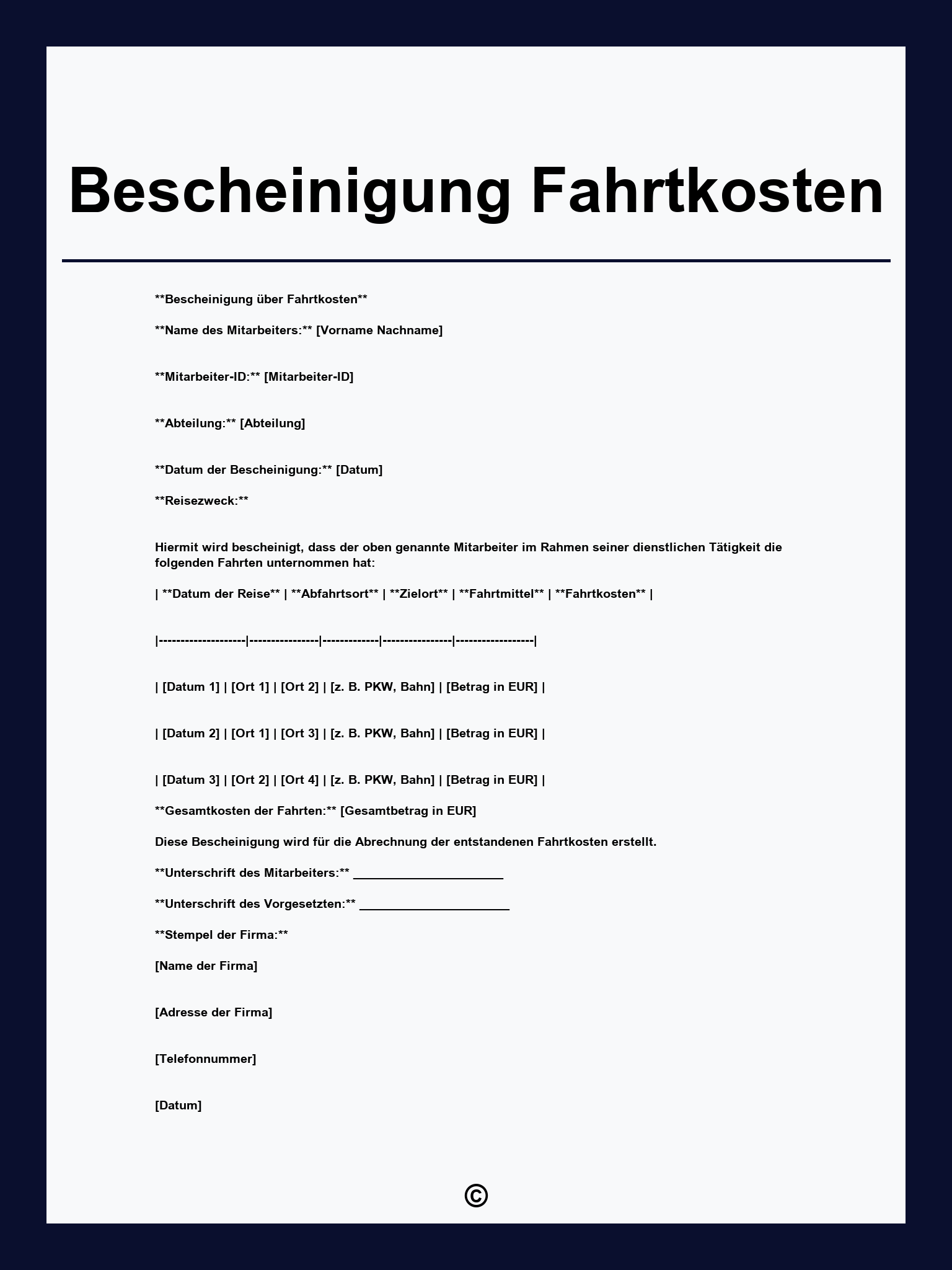 Bescheinigung Fahrtkosten Muster