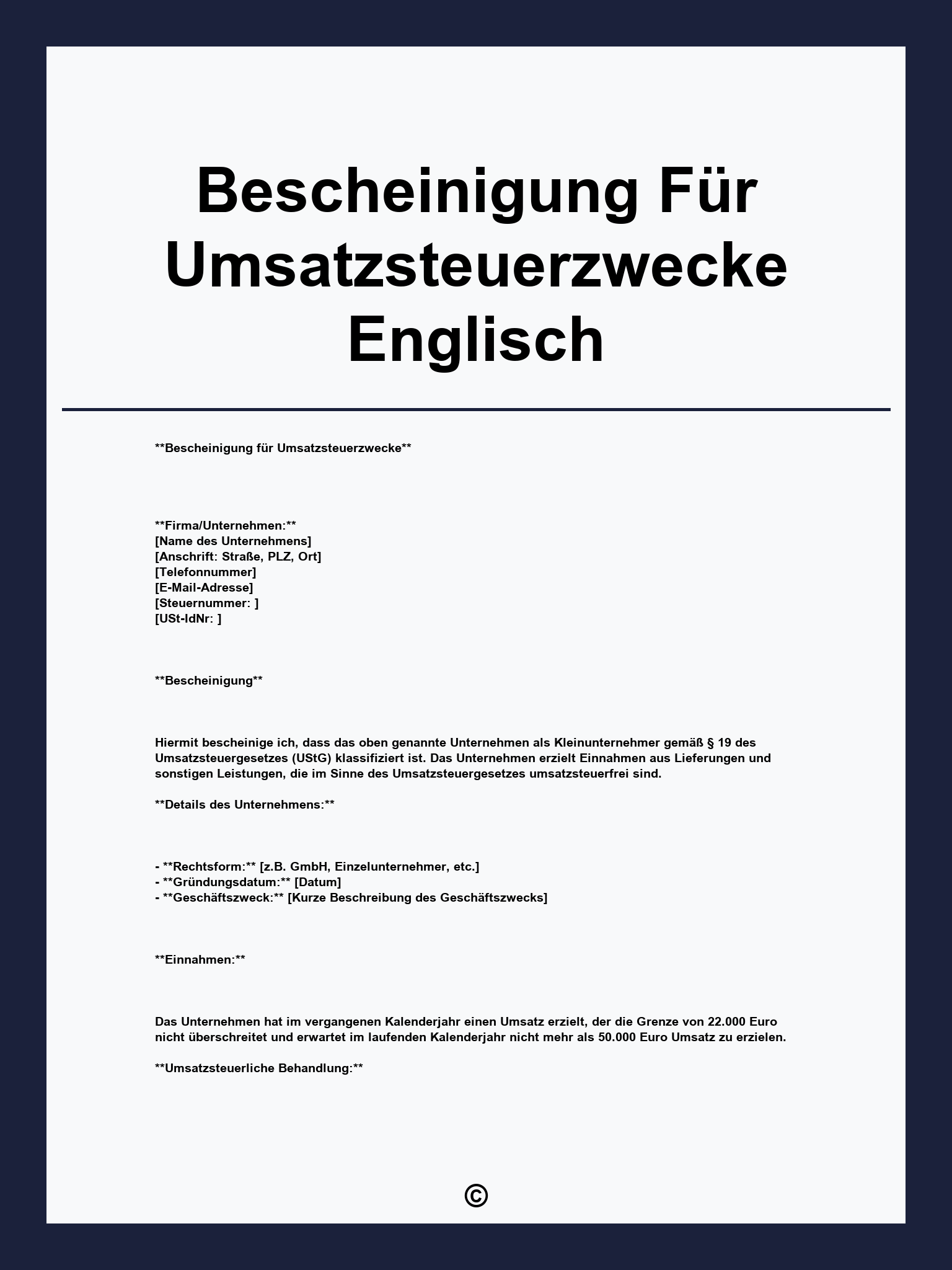 Bescheinigung Für Umsatzsteuerzwecke Englisch