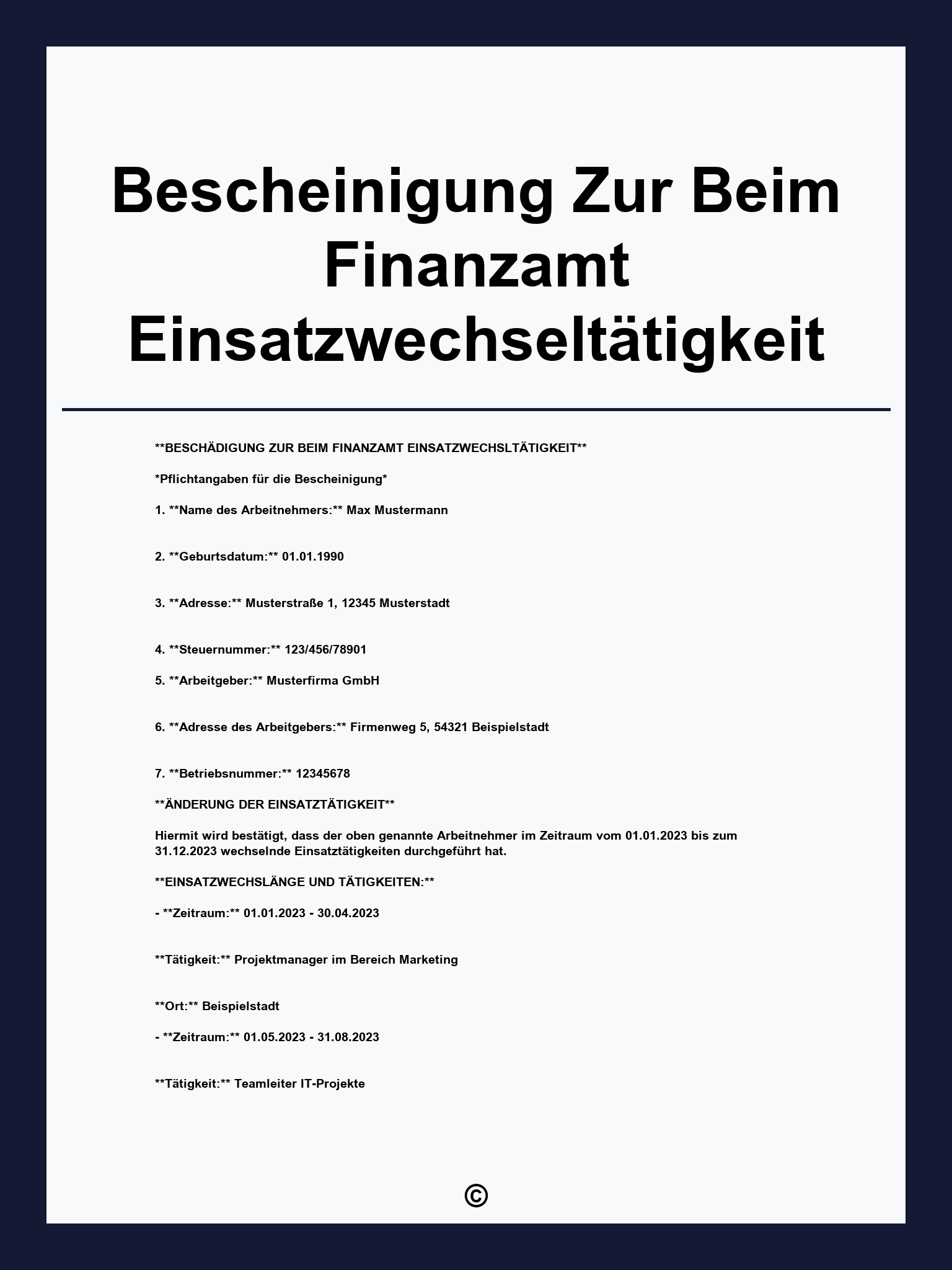 Bescheinigung Zur Vorlage Beim Finanzamt Einsatzwechseltätigkeit