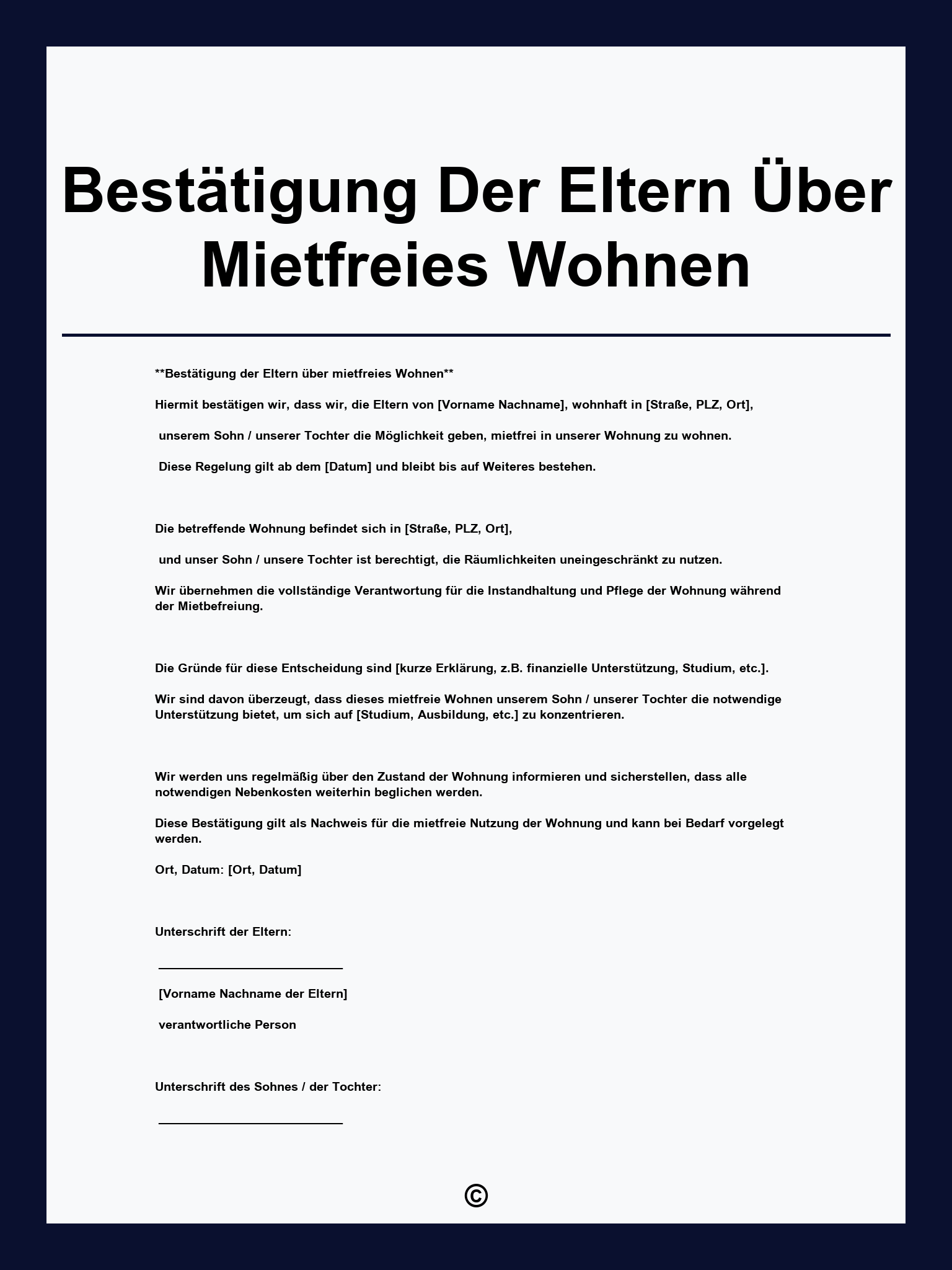 Bestätigung Der Eltern Über Mietfreies Wohnen