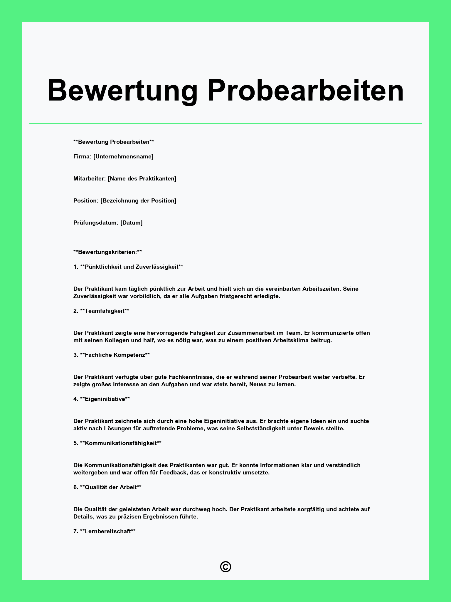 Bewertung Probearbeiten Vorlage