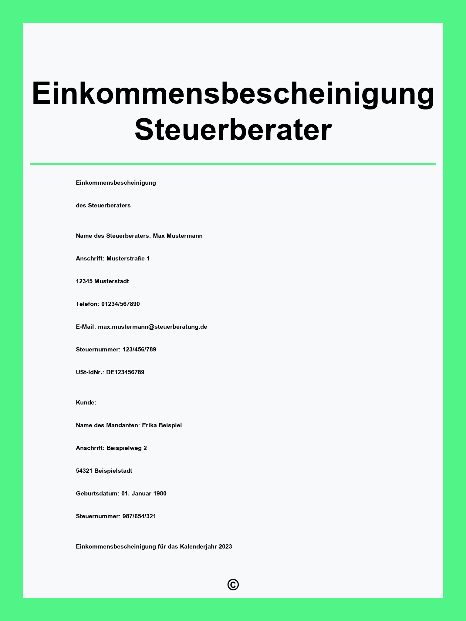 Einkommensbescheinigung Steuerberater Muster