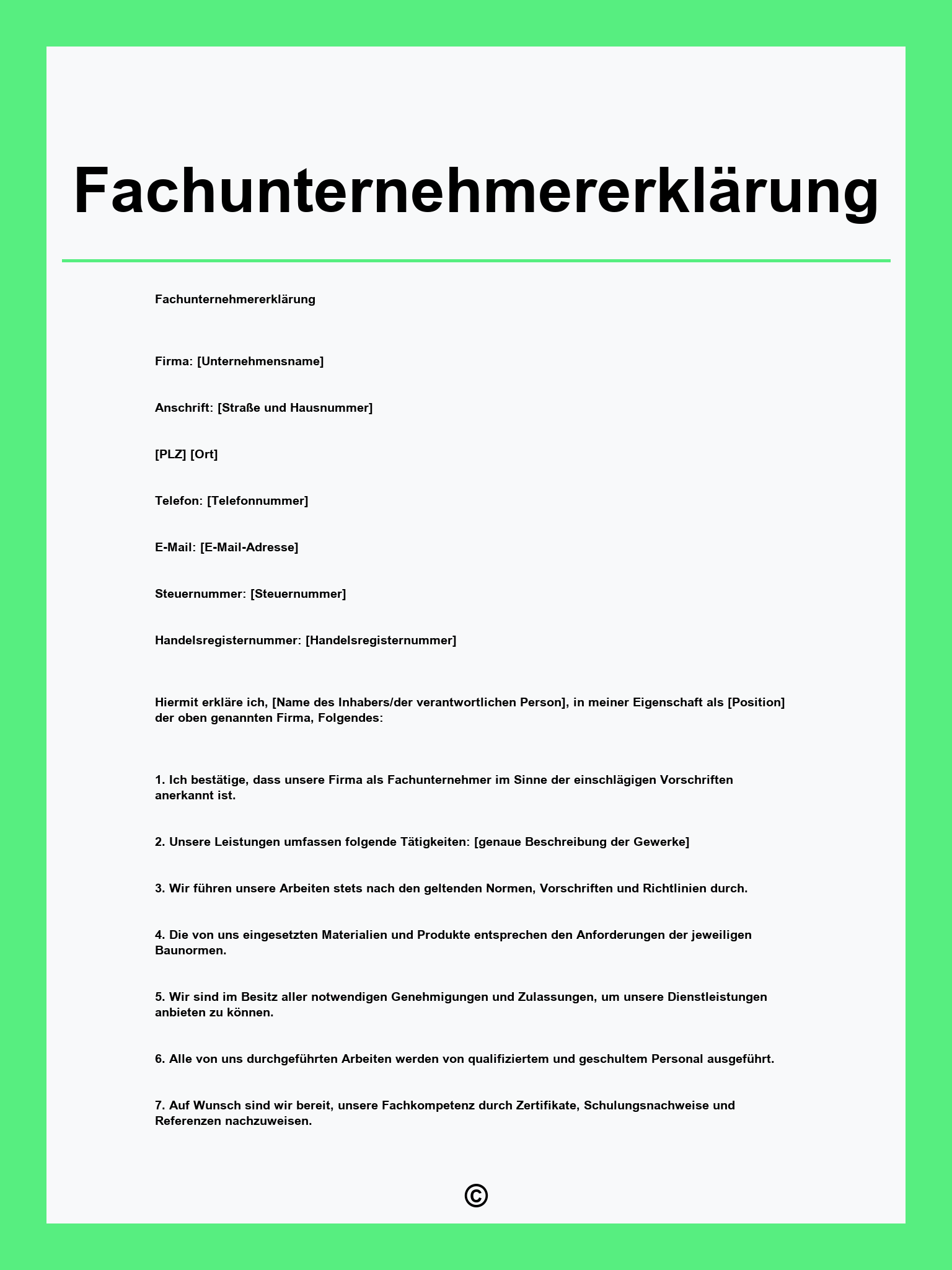 Fachunternehmererklärung Vorlage