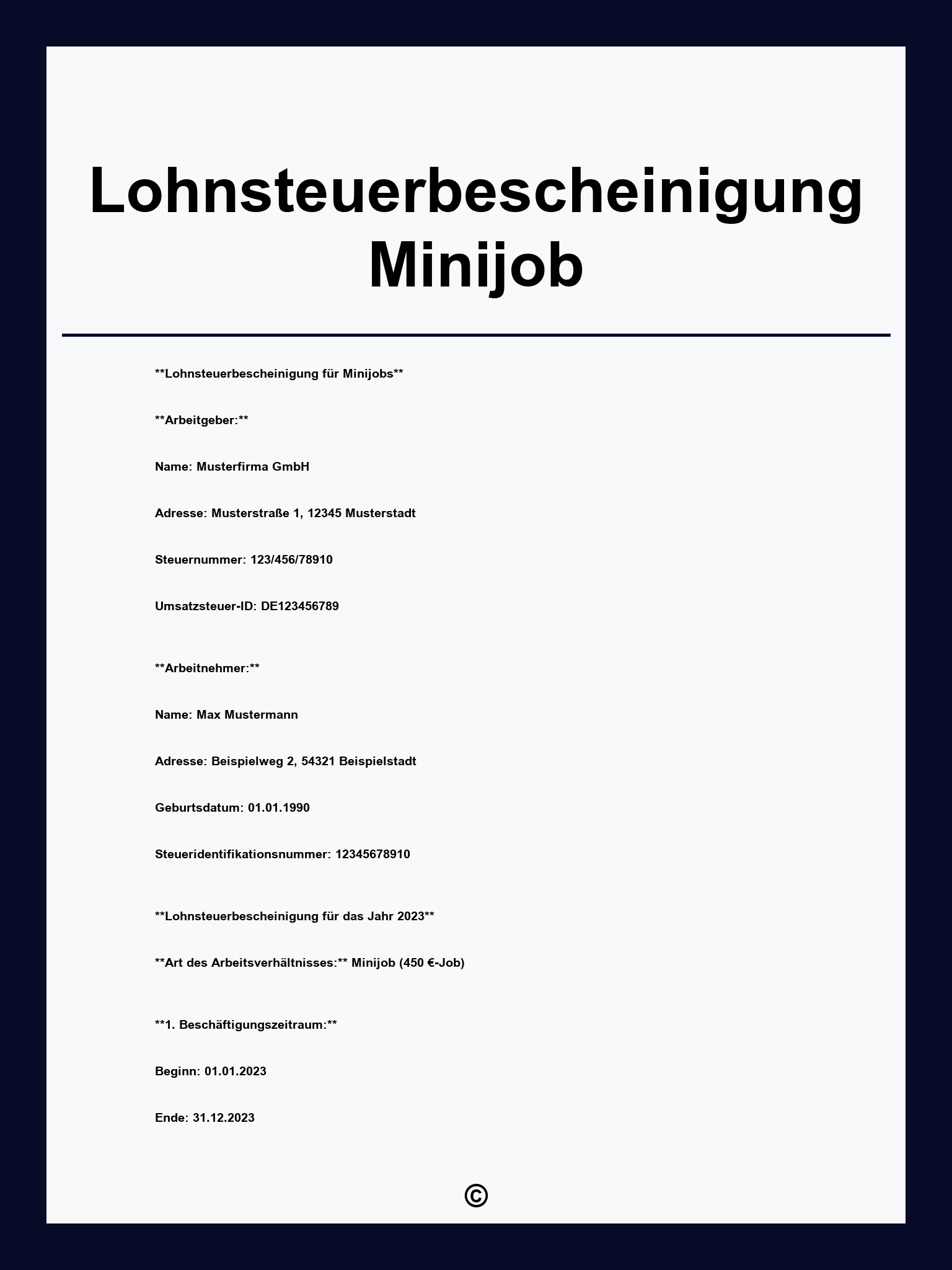 Lohnsteuerbescheinigung Minijob Vorlage
