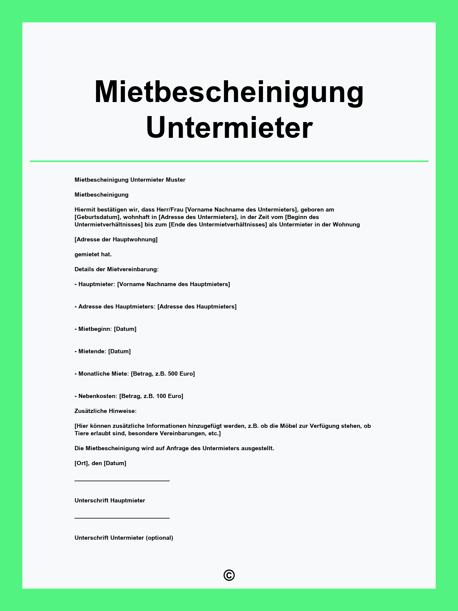 Mietbescheinigung Untermieter Vorlage
