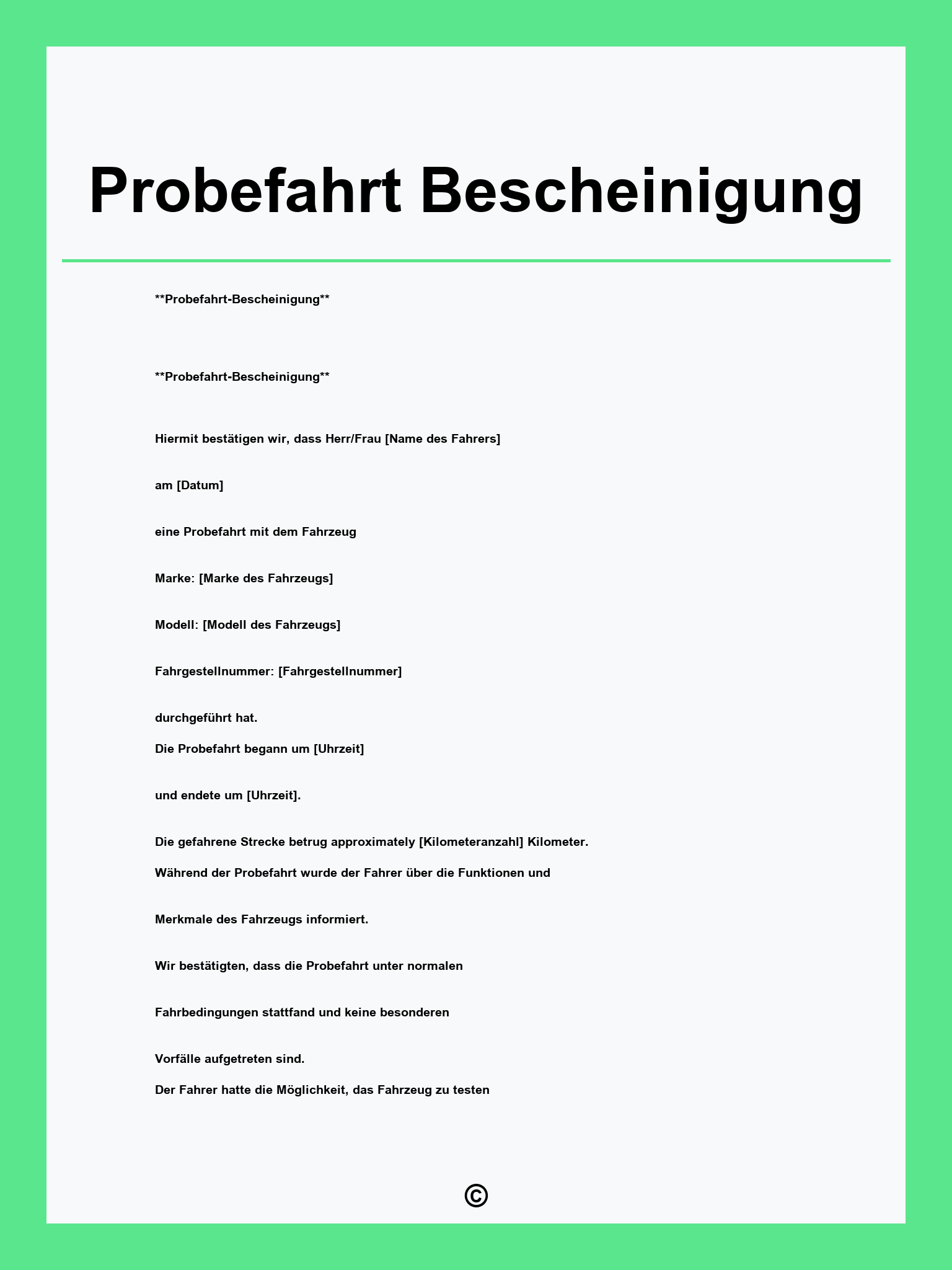 Probefahrt Bescheinigung