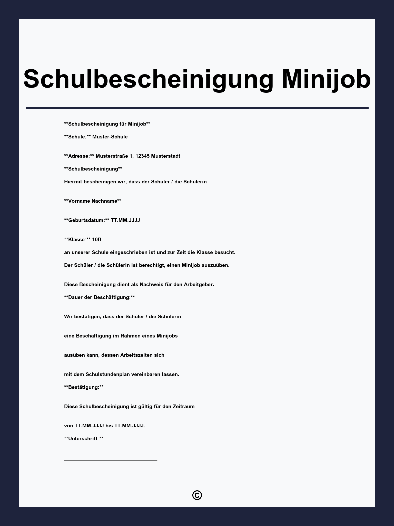 Schulbescheinigung Minijob