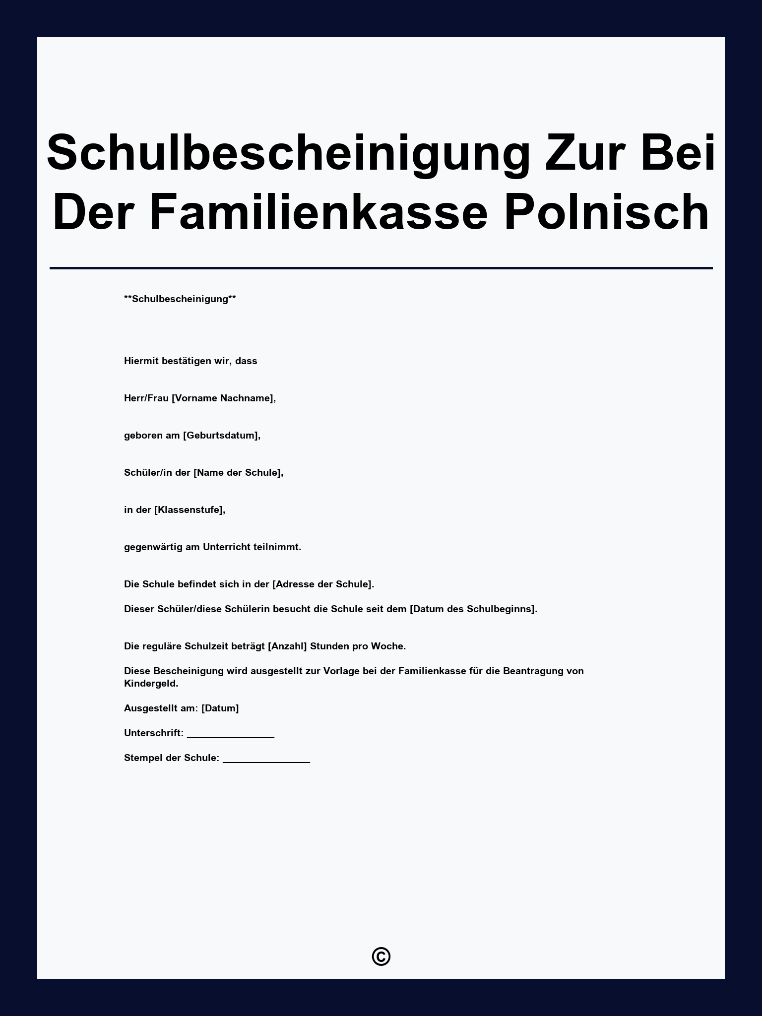 Schulbescheinigung Zur Vorlage Bei Der Familienkasse Polnisch