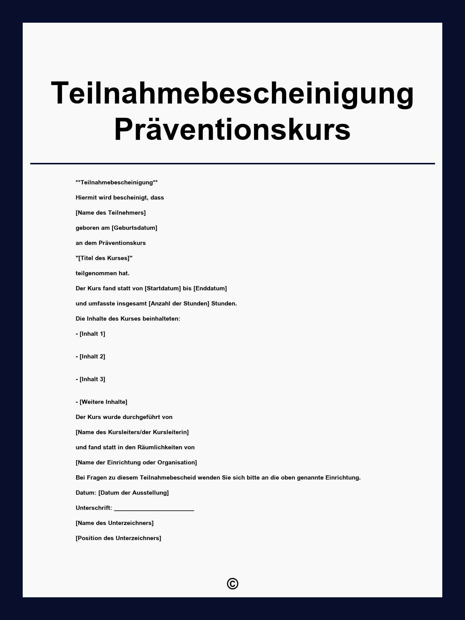 Vordruck Teilnahmebescheinigung Präventionskurs