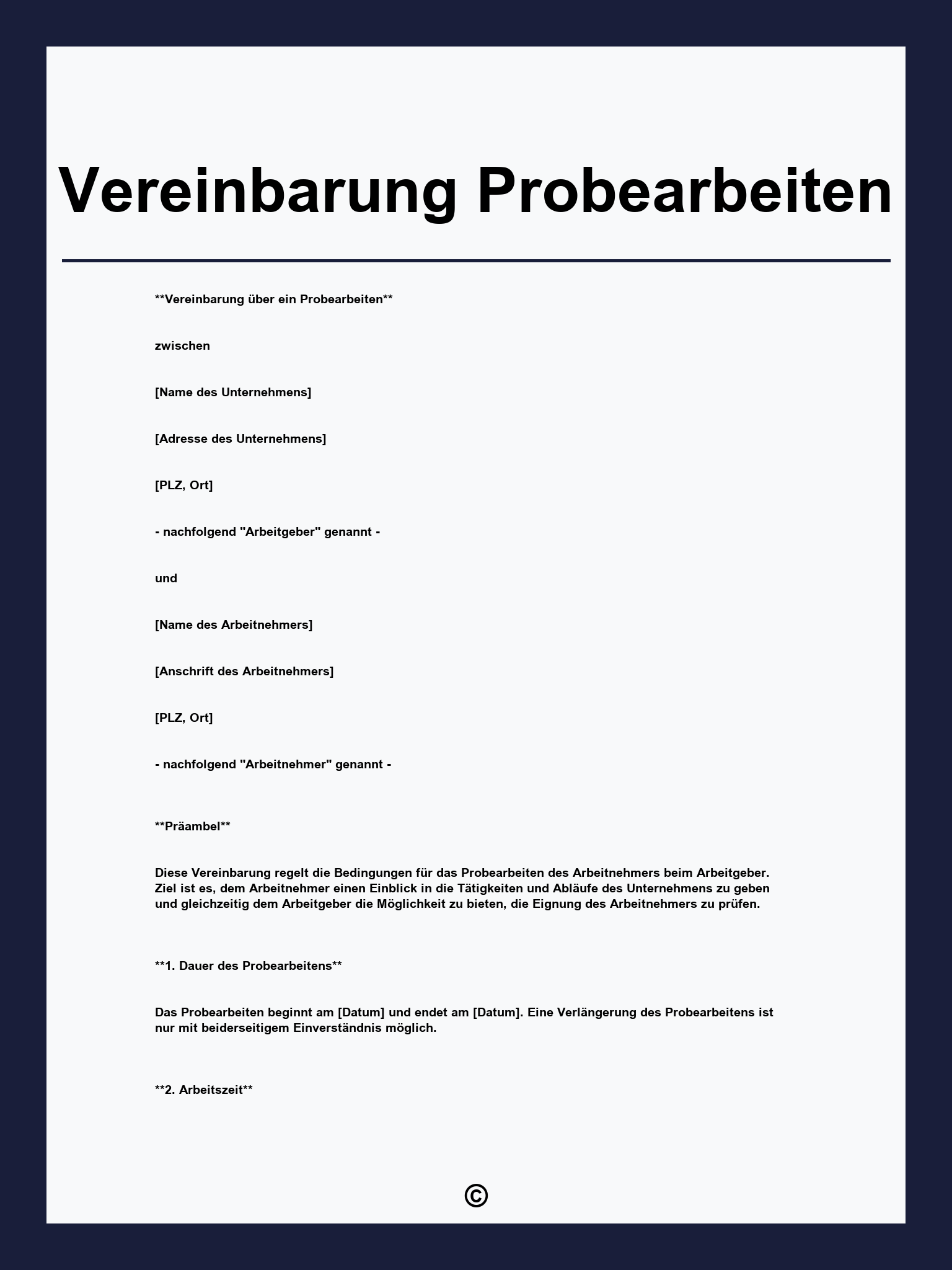 Vereinbarung Probearbeiten Vorlage