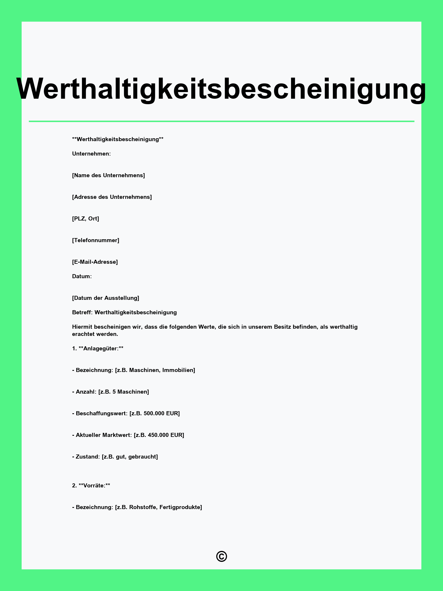 Werthaltigkeitsbescheinigung Muster